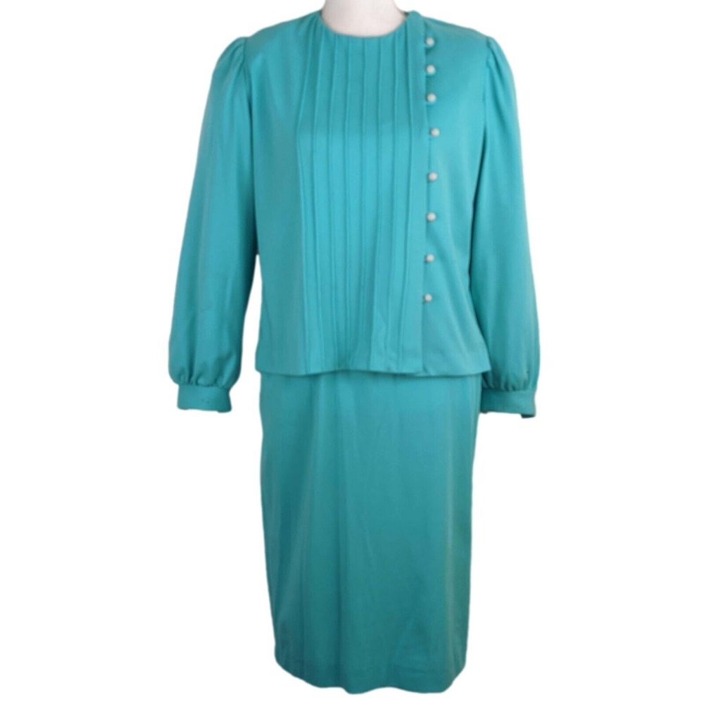 VTG Marty Gutmacher Suit Women's 10 Turquoise Knit 2-Piece Secretary Office